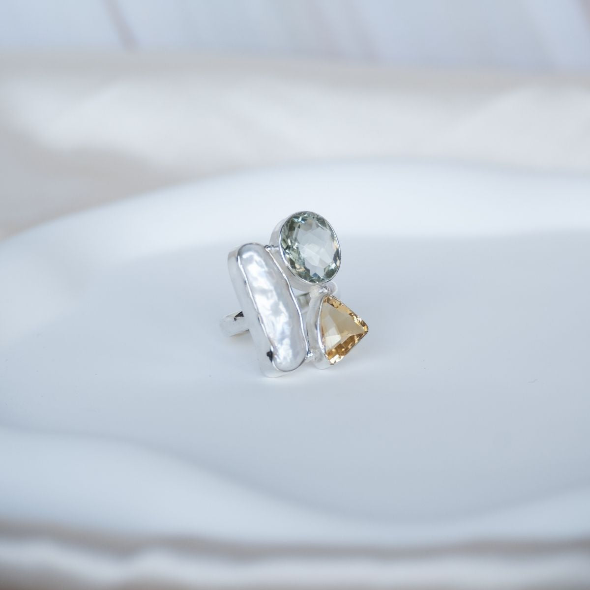 Green Amethyst , Citrine and stunning freshwater pearl ring