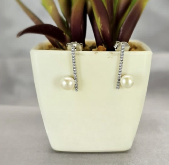 Sterling Silver Line Drops With Cubic Zirconia Detail And Freshwater Pearl On End