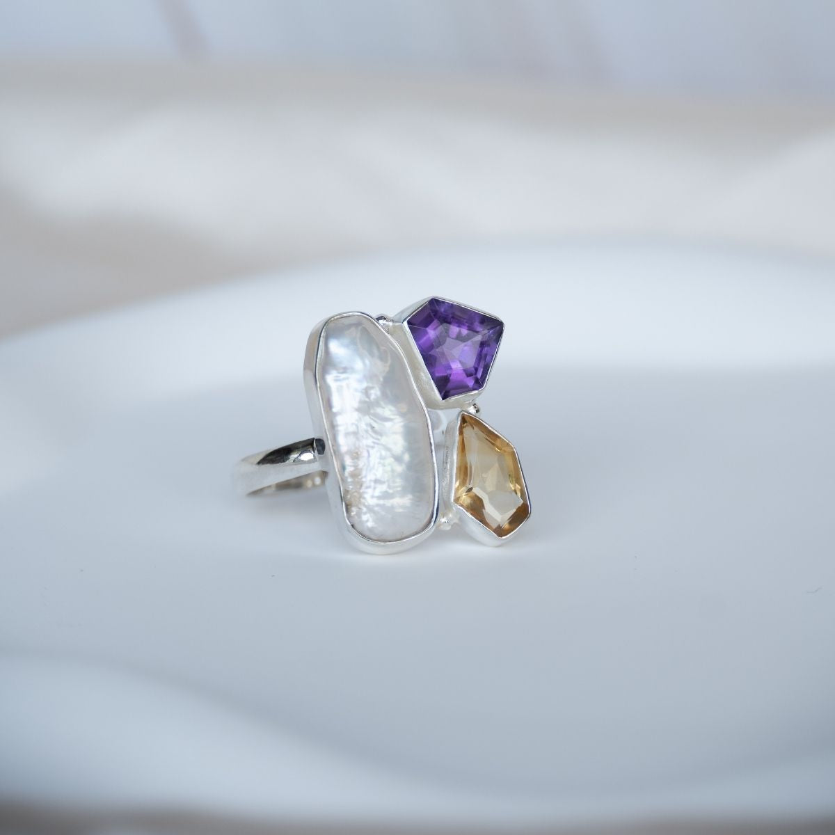 Amethyst, Citrine Freshwater pearl ring combination