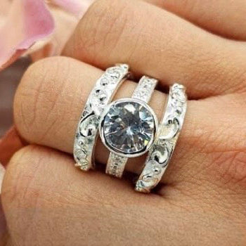 Statement Three Band Ornamented Cubic Zirconia Ring - Terciany 