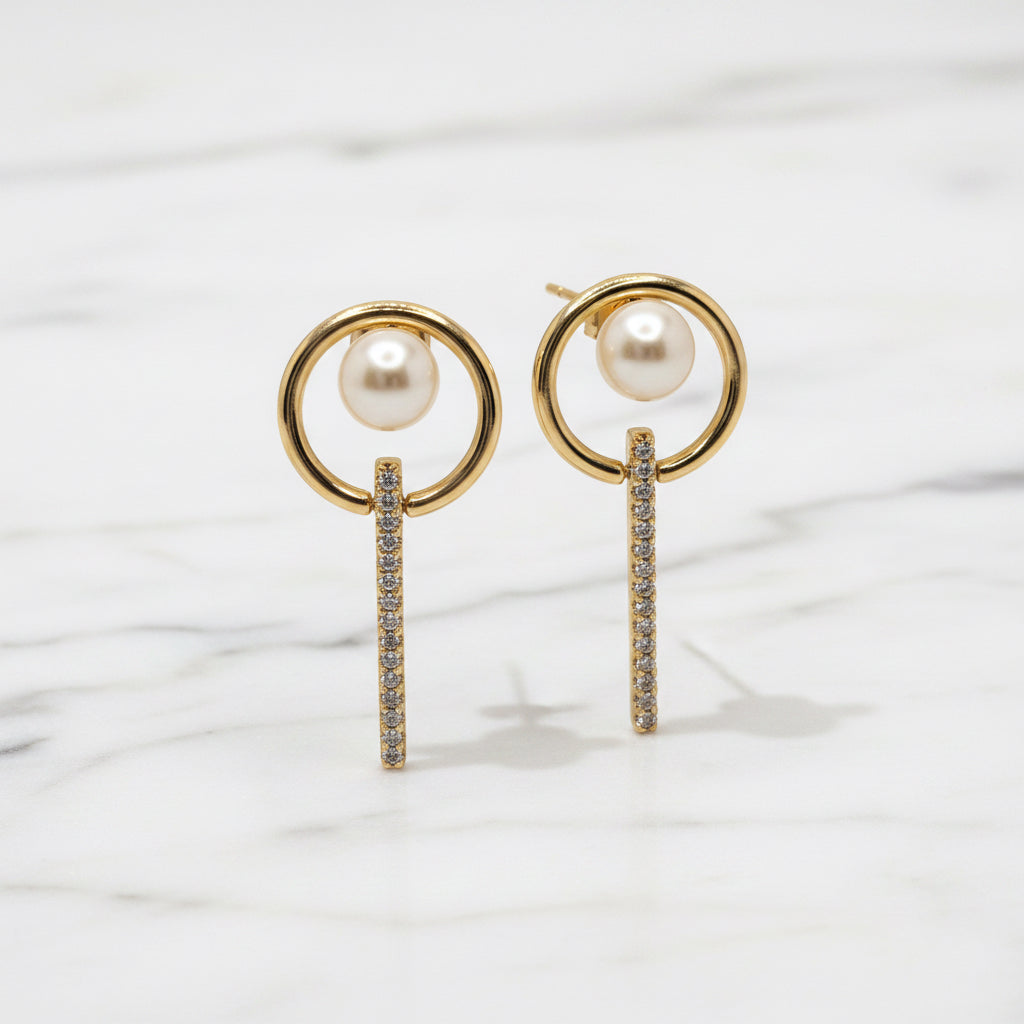 Golden 32X14mm Drop Earrings With Pearl Centre - Terciany 