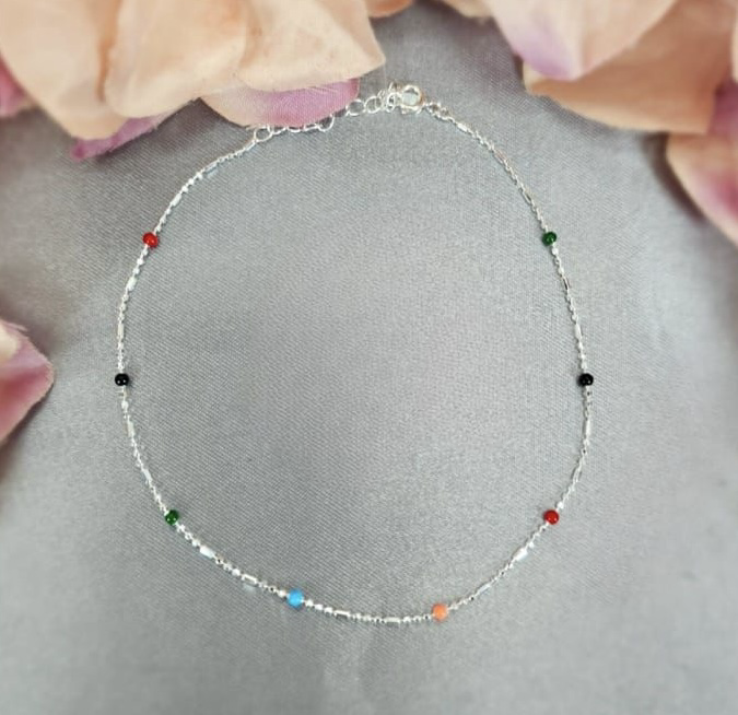 Sterling silver anklet with colourful spots in chain