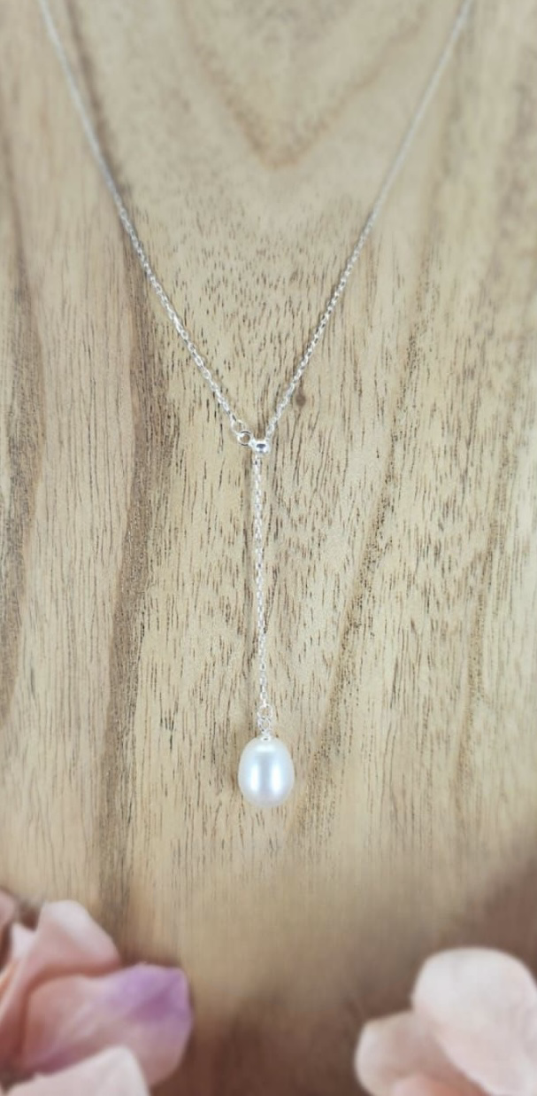 Sterling silver adjustable Y shape pearl necklace