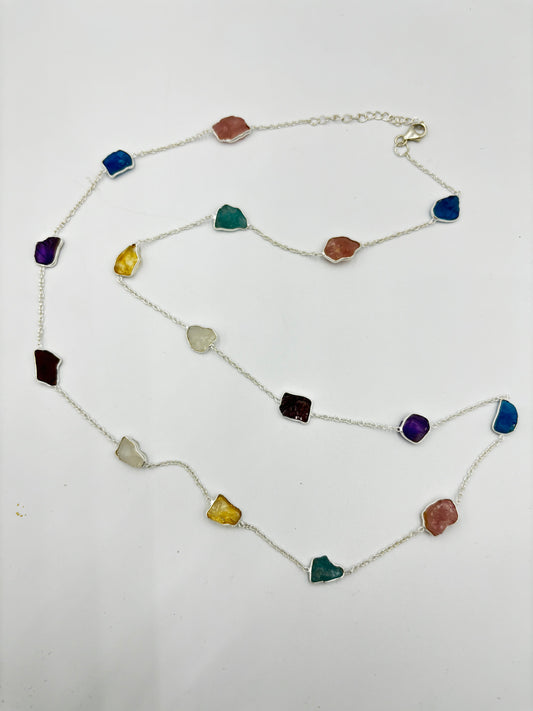 Sterling silver 72cm necklace with lots of Rough Multi coloured semi precious stones
