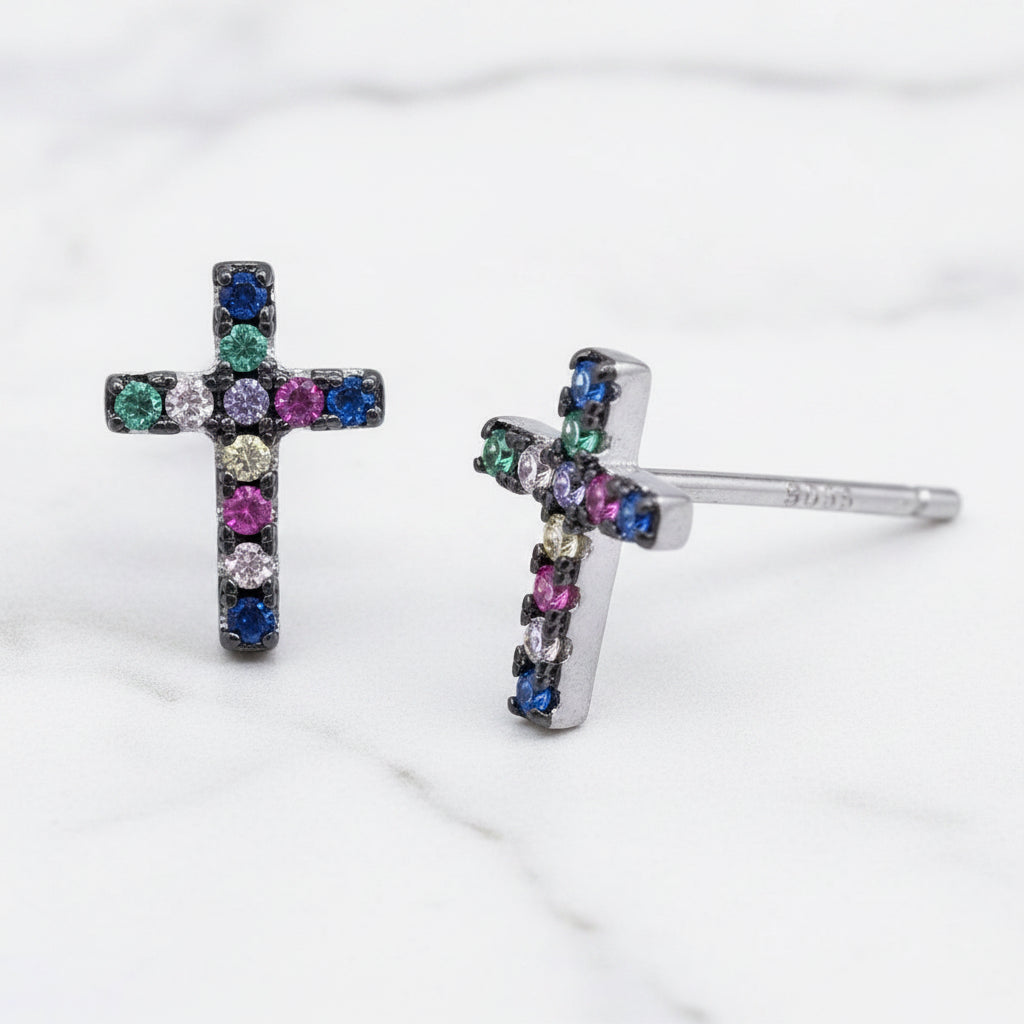 9mm Rainbow Coloured Cubic Zirconia Cross Studs - Terciany 