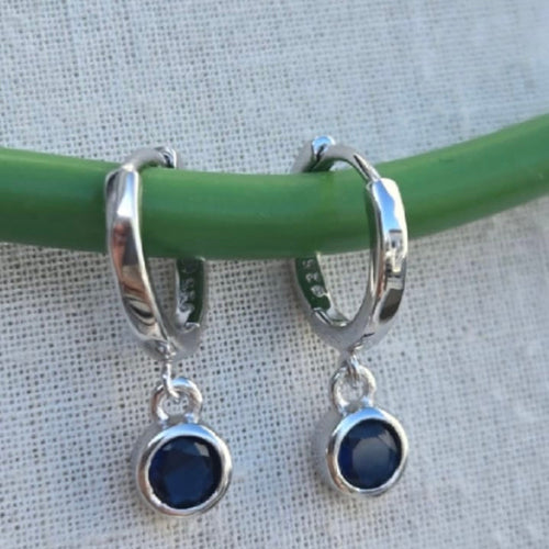 12mm Silver huggy earrings with blue drops
