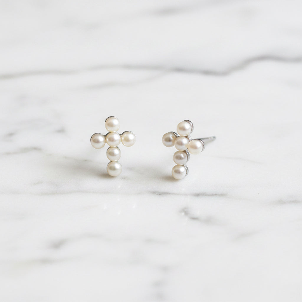 Freshwater Pearl Cross Stud Earrings - Terciany 