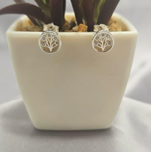 8mm tree of life stud earrings with cubic zirconia leaves