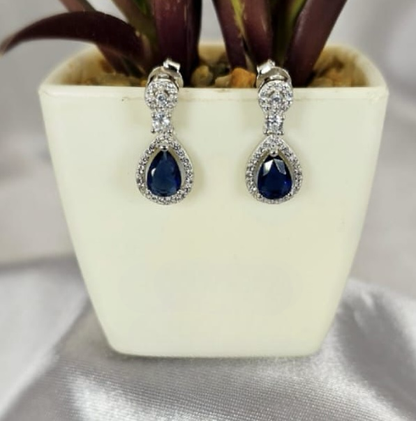 Pretty 19x9mm lady Diana drop earrings with blue cubic zirconia