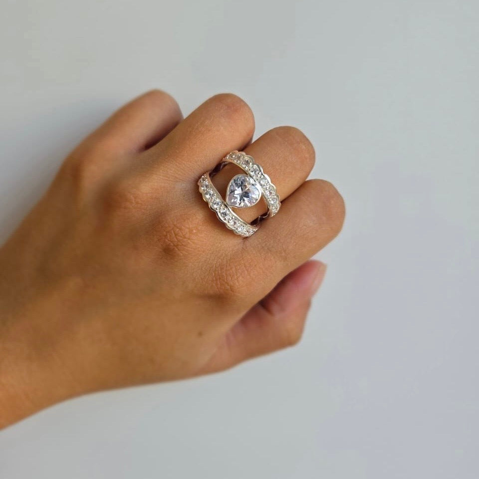 Sterling Silver Statement Ring With Heart Shaped Cubic Zirconia And Soft Looking Double Band