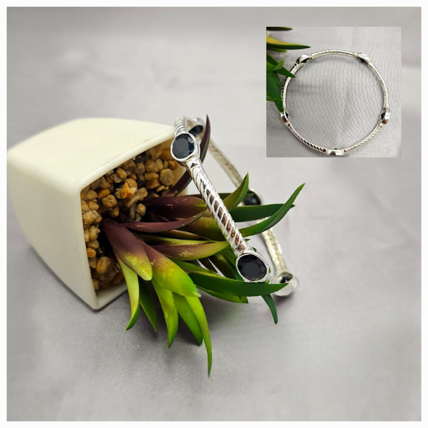 Sterling Silver Bangle With Black Stone