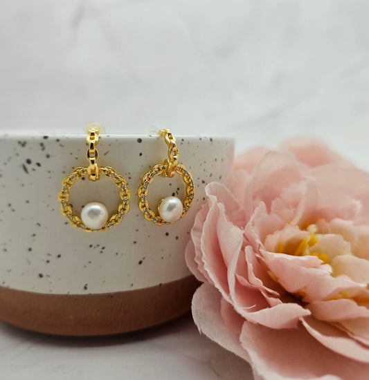 Golden hoop with pearl earrings