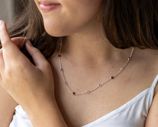 Sterling silver necklace with 5mm Ruby, Rose and Amy semi precious stones in-bedded in chain