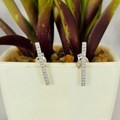A pair of sterling silver stud earrings with vertical cubic zirconia, displayed in a white pot with green plant leaves.