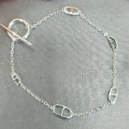 A sterling silver bracelet with Gucci links on a chain chain, displayed against a soft-focus background.