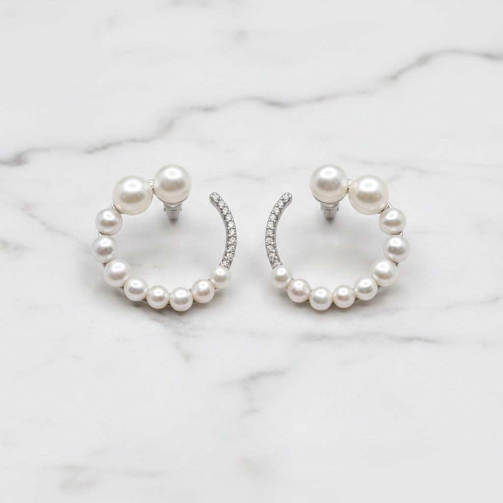 Pretty Large 19mm Circle Earrings Decorated With Freshwater Pearls And Cubic Zirconia - Terciany 