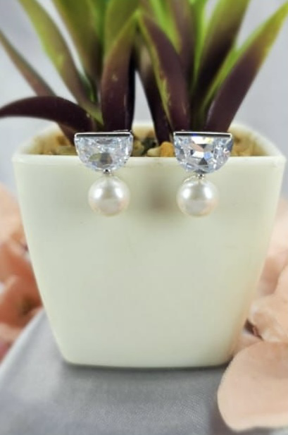 Freshwater pearl drop earrings on half circle cubic zirconia top