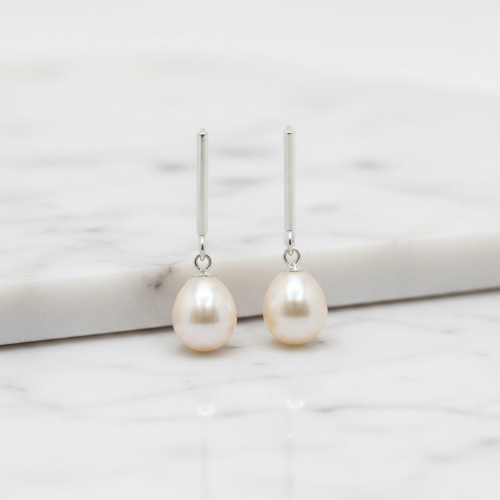 Sterling Silver Straight Line Pearl Earrings