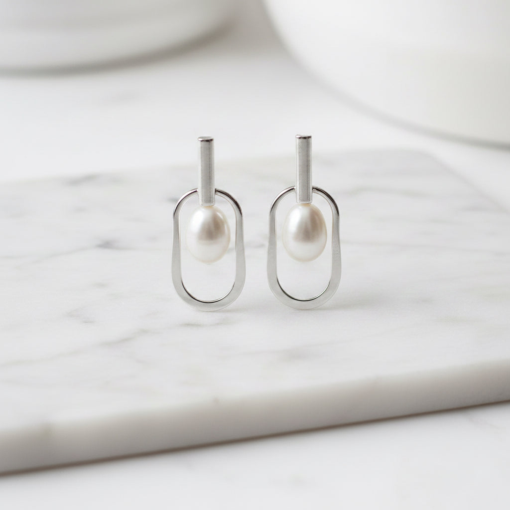 Pearl In Oval Drop Earrings