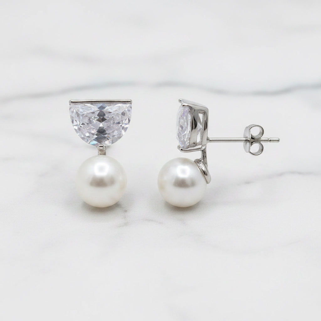 Freshwater Pearl Drop Earrings On Half Circle Cubic Zirconia Top