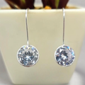 Silver earrings with clear gemstones in front of a plant pot.