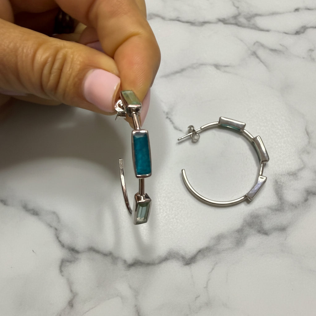 Silver Hoop earrings with Blue semi Precious stones