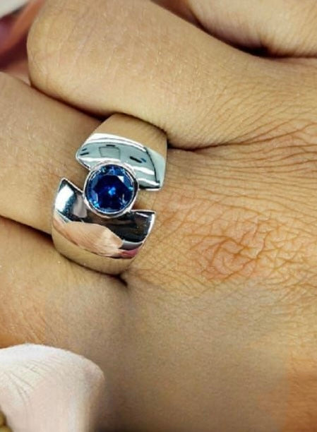 Sterling Silver Sleek Line Statement Ring With Blue Cubic Zirconia