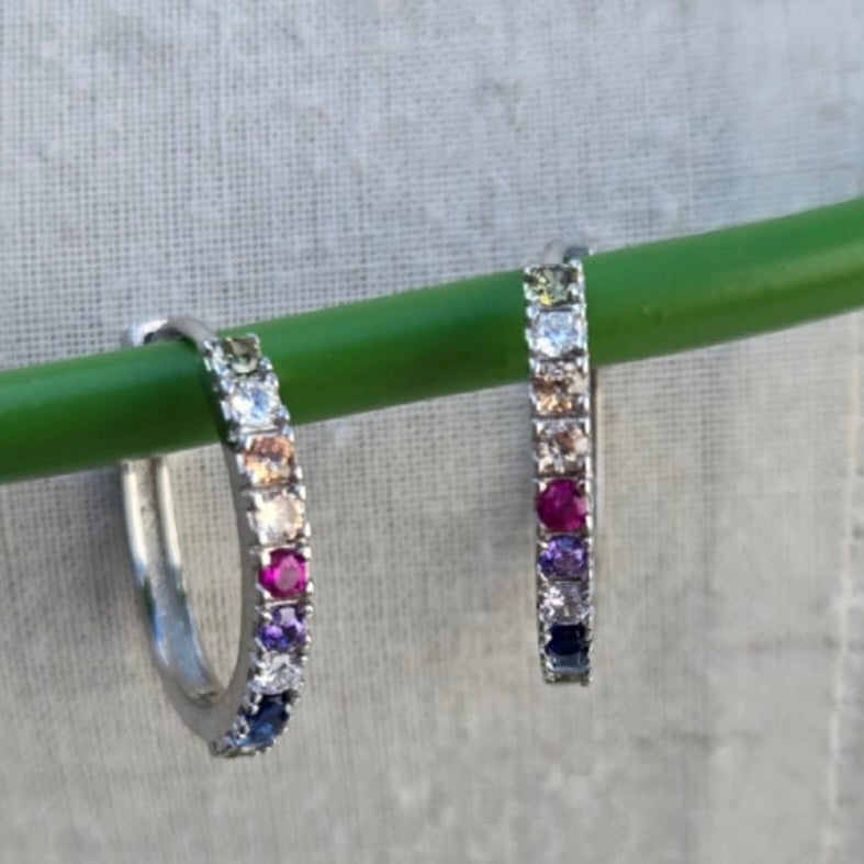 Two hoop earrings with gemstones on a green stick against a gray background