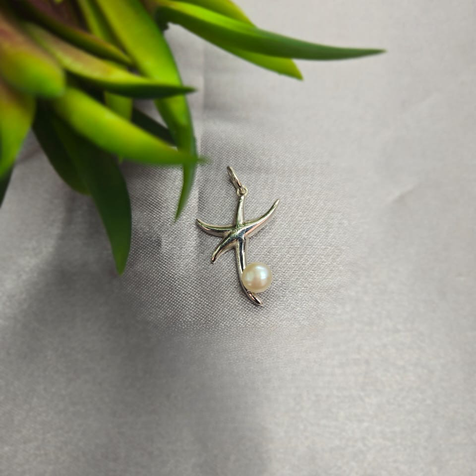 Sterling Silver Starfish Pendant With Cubic Zirconia Bling And Freshwater Pearl Centre