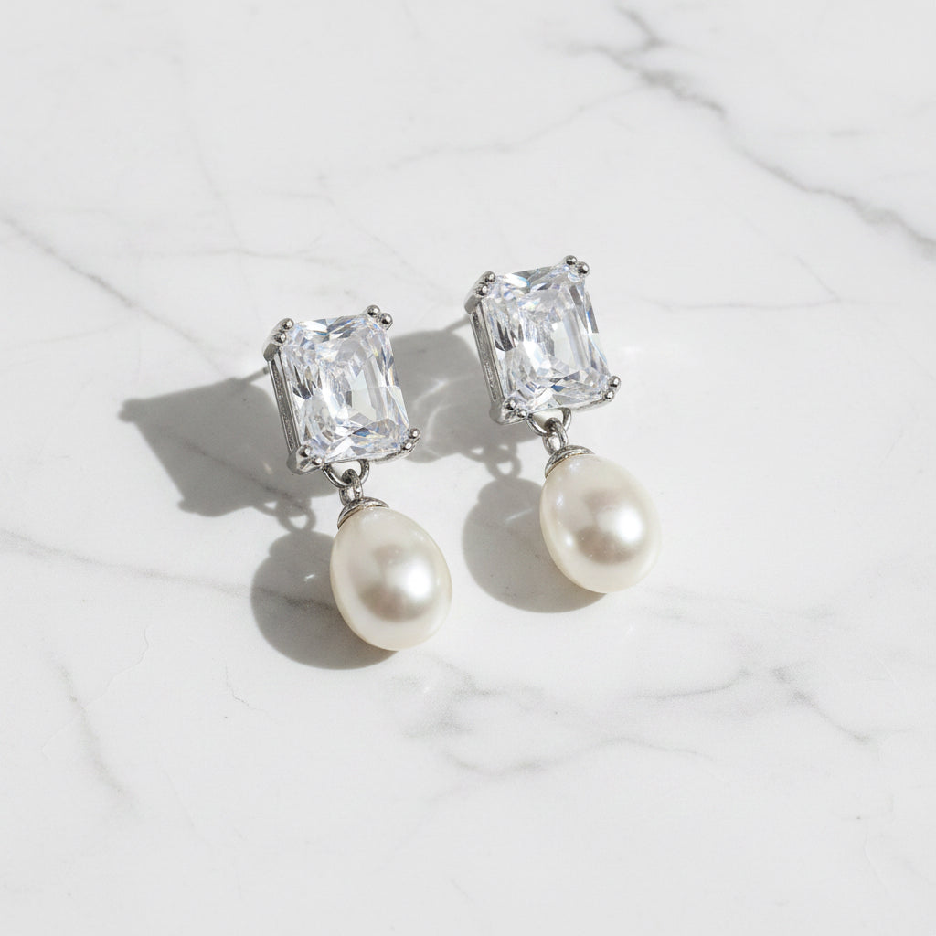 Square Cubic Pavé Detail With Hanging Pearls