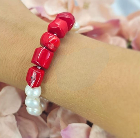 Coral semi presious stone and freshwater pearl bracelet on elastic band