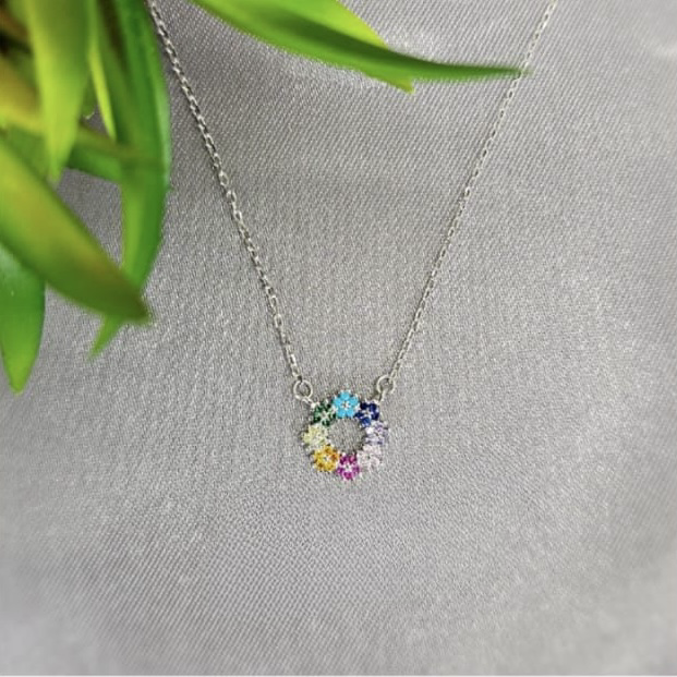 Sterling Silver Necklace With Pretty Flower Detailed Coloured Centre