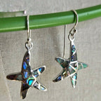 Star-shaped earrings with abalone inlay on a green stick against a gray background