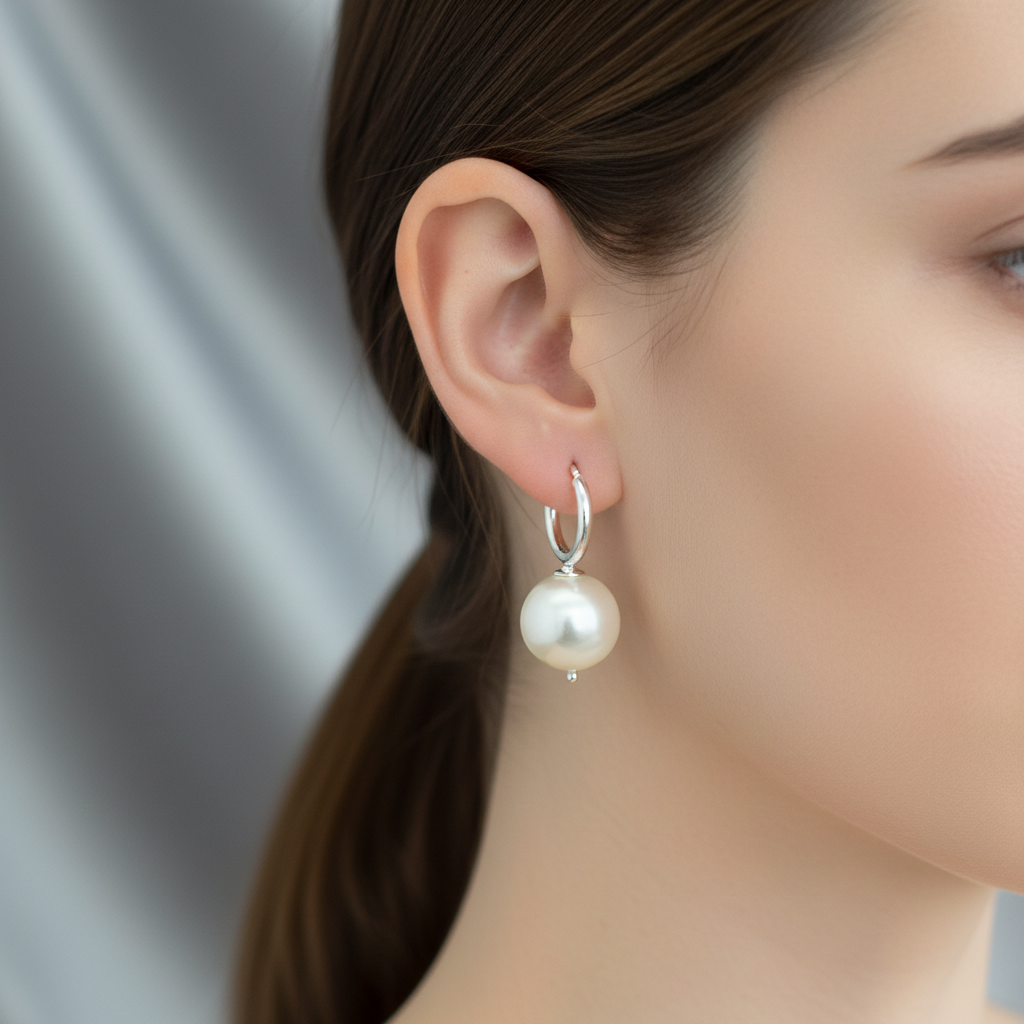 A pair of silver hoop earrings featuring an 11mm freshwater pearl on each hoop, displayed on a grey fabric surface.
