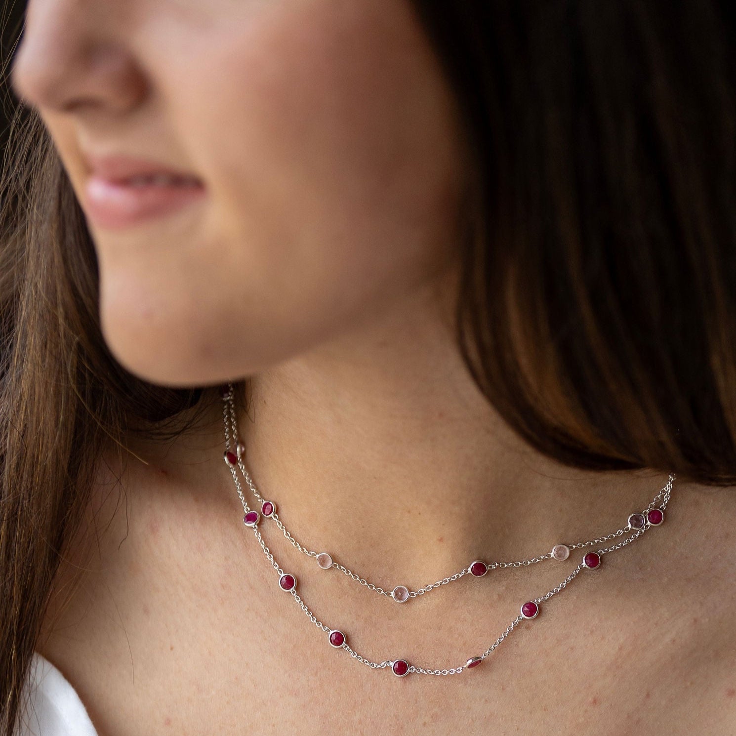 Sterling Silver Necklace With 5Mm Ruby, Rose And Amy Semi Precious Stones In-Bedded In Chain