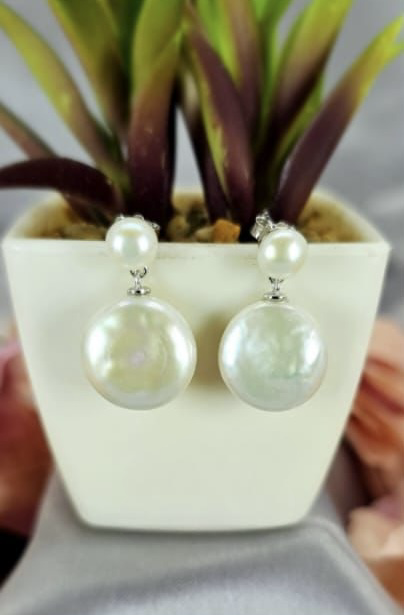 Freshwater pearl drop on coin pearl earrings