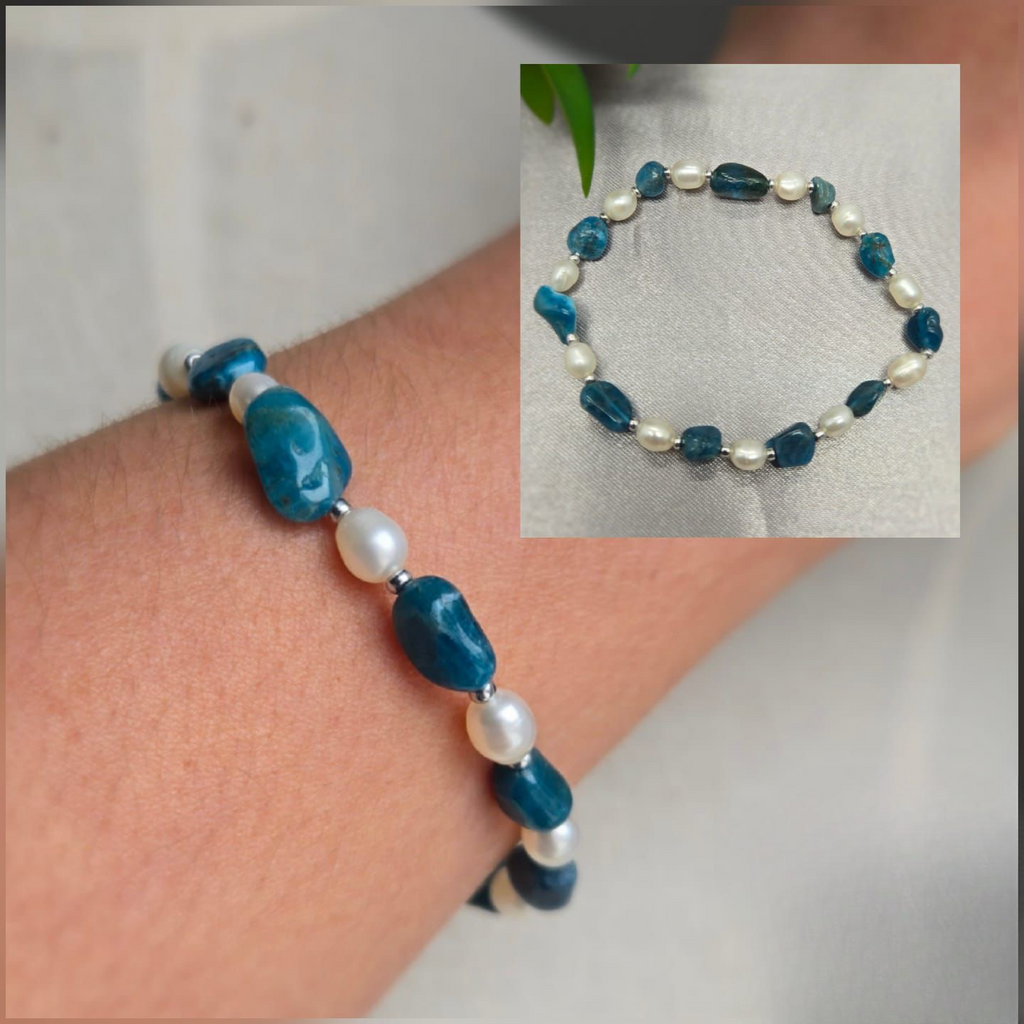 Beaded bracelet with blue and white beads on a wrist, with an inset showing a close-up of the bracelet.
