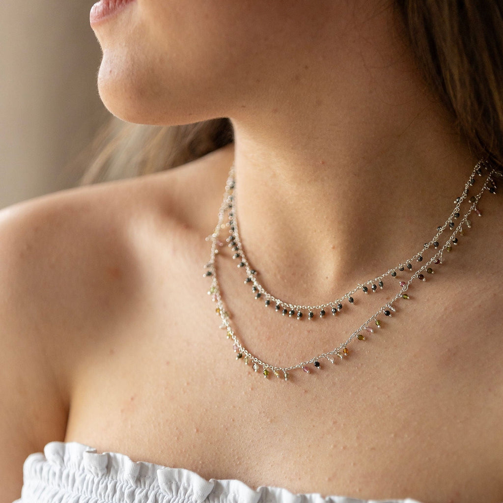 Sterling Silver Necklace With Lots Of Tourmaline Semi Precious Stones Dangling On It