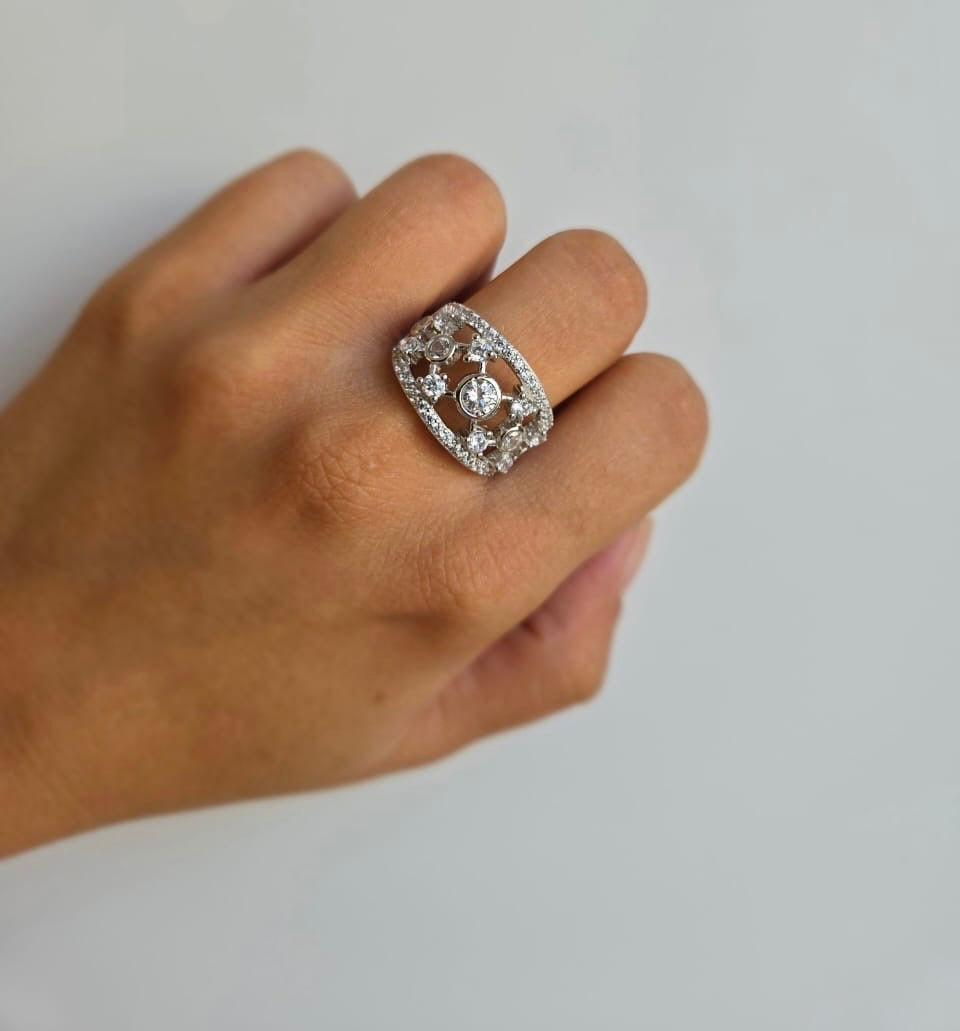 Sterling Silver Ring With Web Detailed Stunning Cubic Zirconia