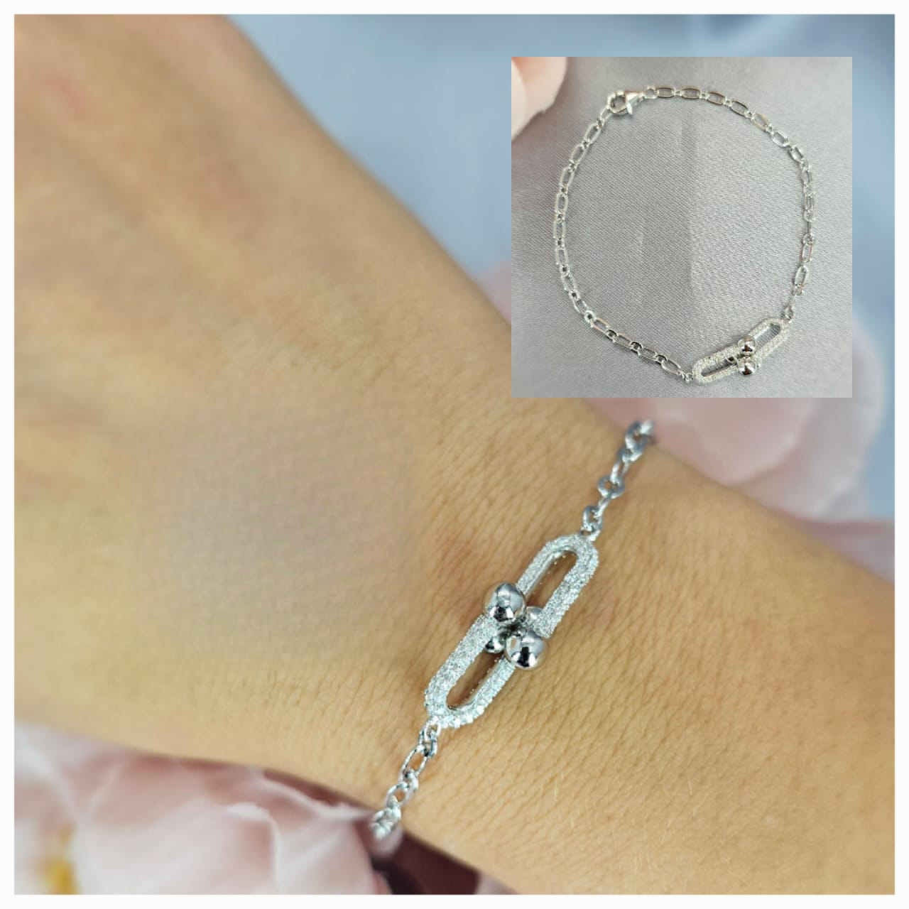 18Cm Sterling Silver Bracelet With Cubic Pavé Statement Link