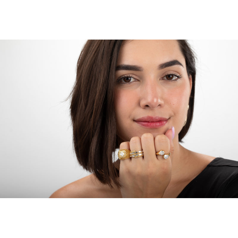 Gold steel ring with two 8.5mm teardrop Cubic Zirconia stones