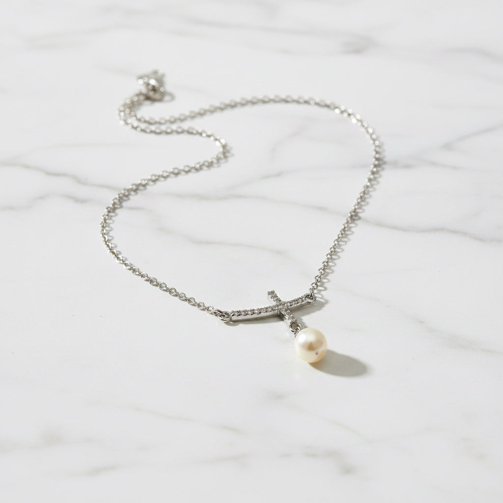 Sterling Silver Necklace With Pavé Cross And Pearl - Terciany 