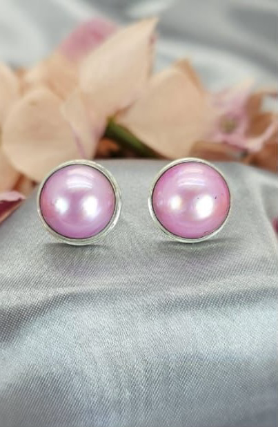 Stunning 17mm pink Mabe pearl stud earring set in Sterling silver
