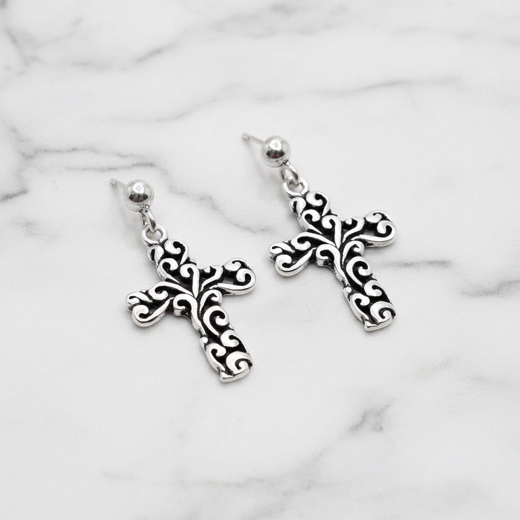 Filigree cross drop earrings