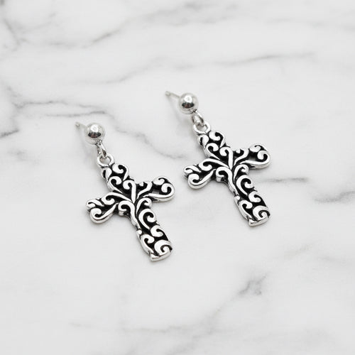 Filigree cross drop earrings