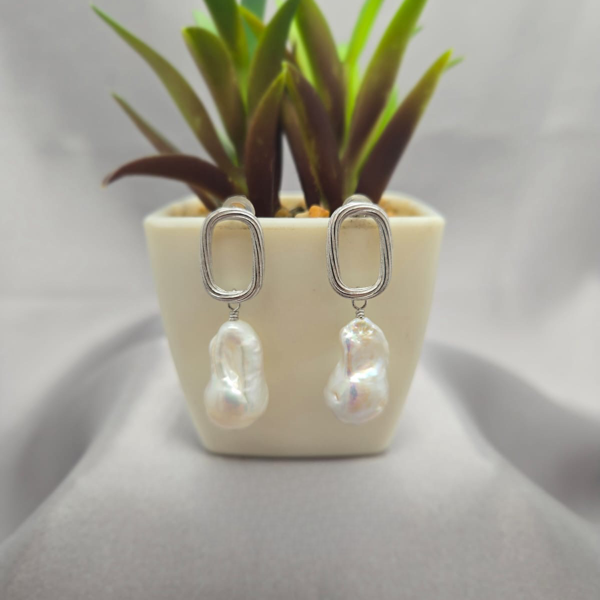 Baroque Pearl Drops On Silver Twisted Rectangular Studs