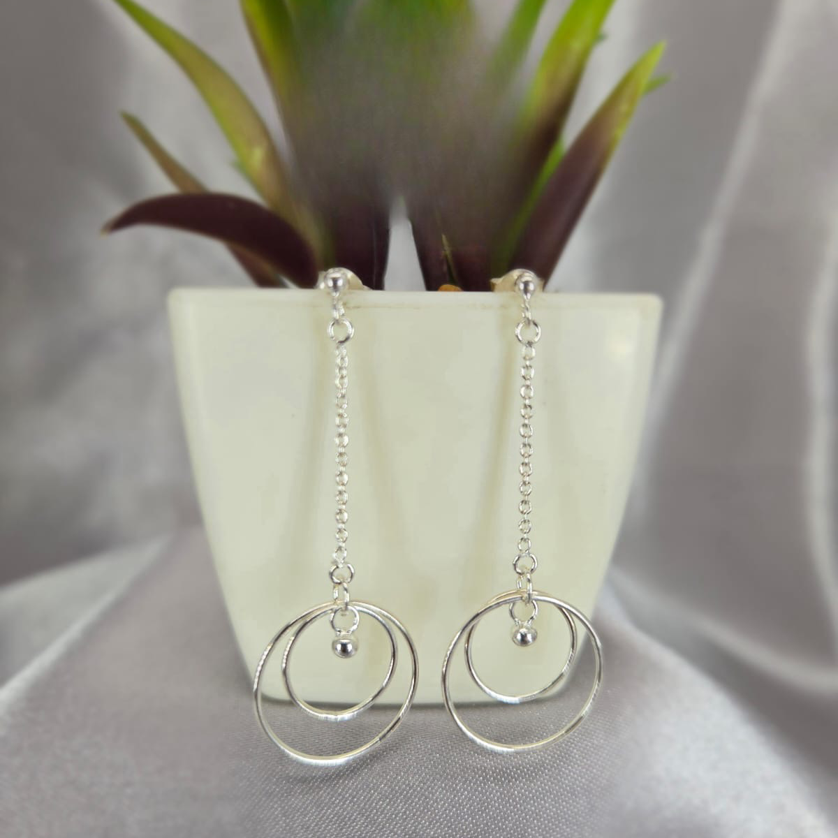Chain Drop Earrings With Double Circle Ends And Dangling Ball