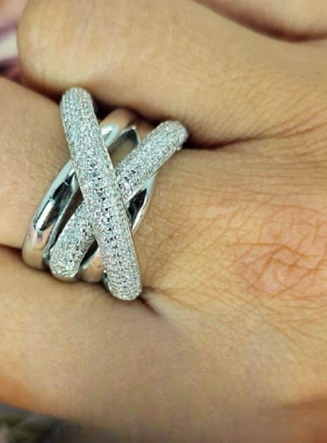 Bulky sterling silver statement ring with cubic zirconia cross band