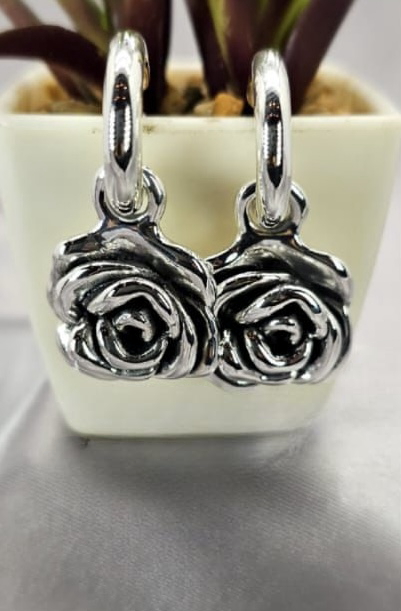 22mm Sterling silver rose charms on   20 mm pretty woman hoops