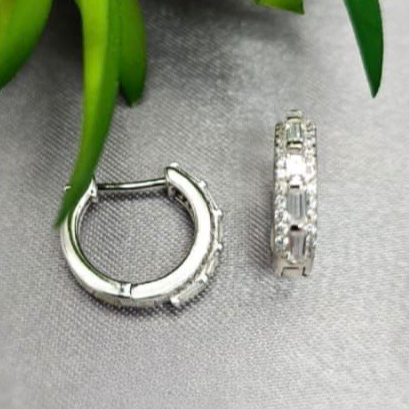 Silver hoop earrings on a gray surface with green leaves in the background